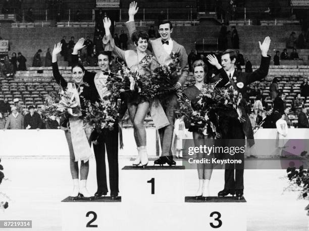 Winners of the ice dancing competion on the podium at the European Figure Skating Championships in Zurich, Switzerland, 4th February 1971. In first...