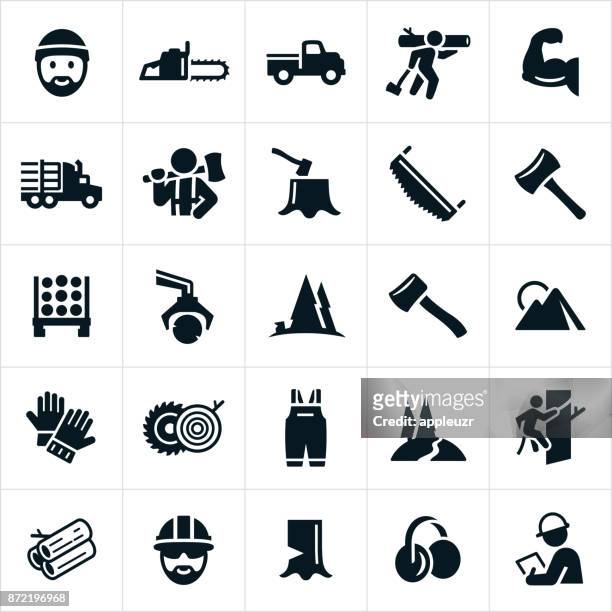 lumberjack and logging icons - chainsaw stock illustrations