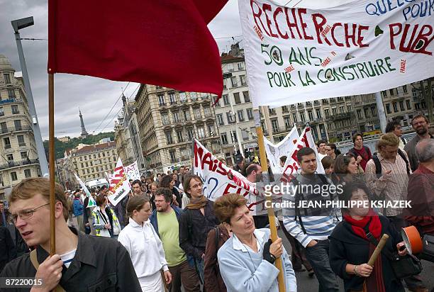 Students and hospital workers demonstrate in Lyon, eastern France, on May 14, 2009 against the government's reform of the university and the...