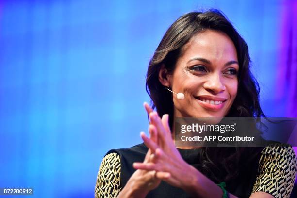 Studio 189 founder and actress Rosario Dawson gives an interview during the 2017 Web Summit in Lisbon on November 9, 2017. Europe's largest tech...