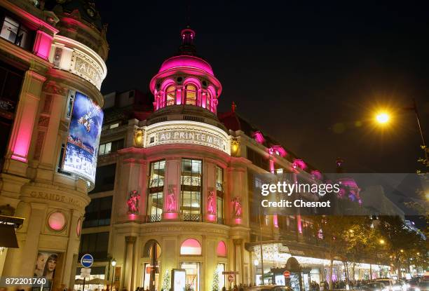 General view of the illuminated facade of the "Le Printemps Haussmann" department store, after the inauguration of the store's Christmas...