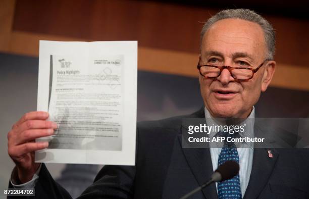 Senate Minority Leader Chuck Schumer, Democrat of New York, holds up talking points from the Republican Senate tax reform bill during a press...