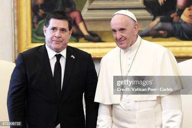 Pope Francis meets President of Paraguay Horacio Manuel Cartes Jara on November 9, 2017 in Vatican City, Vatican.