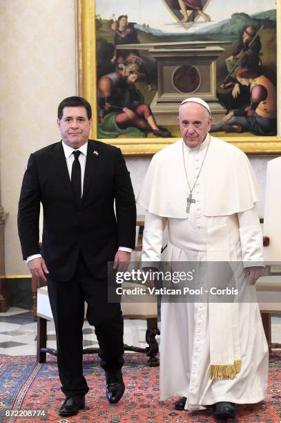 Pope Francis meets President of Paraguay Horacio Manuel Cartes Jara on November 9, 2017 in Vatican City, Vatican.