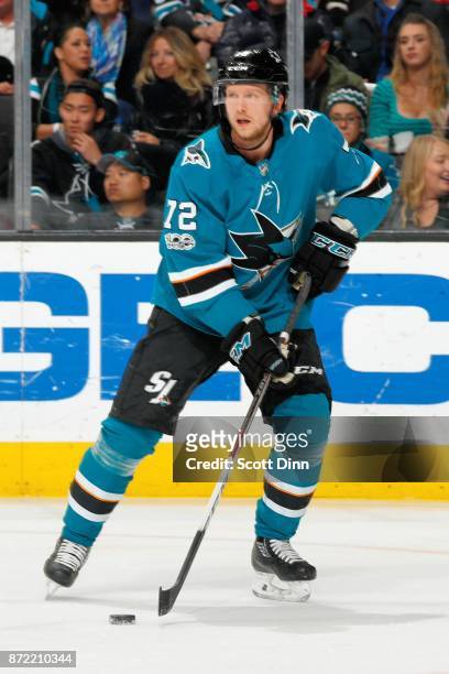 Tim Heed of the San Jose Sharks looks during a NHL game against the Anaheim Ducks at SAP Center on November 4, 2017 in San Jose, California.