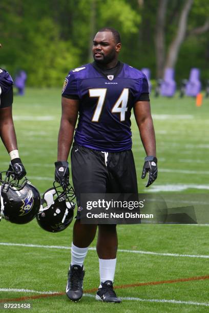 Offensive lineman Michael Oher of the Baltimore Ravens looks on during minicamp at the practice facility on May 8, 2009 in Owings Mills, Maryland.