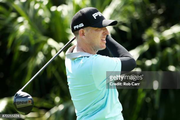 Martin Piller of the United States plays his shot from the 18th tee during the first round of the OHL Classic at Mayakoba on November 9, 2017 in...