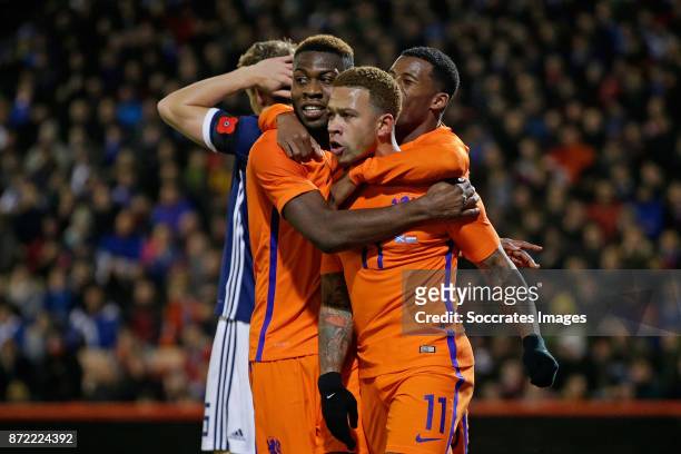 Memphis Depay of Holland celebrate 0-1 with Timothy Fosu Mensah of Holland during the International Friendly match between Scotland v Holland at the...
