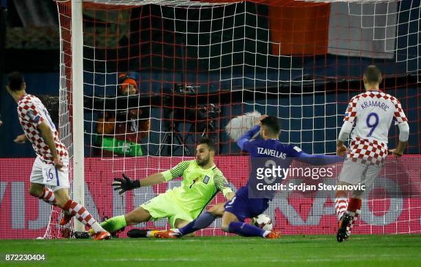 Nikola Kalinic of Croatia scores a goal past goalkeeper Orestis Karnezis of Greece during the FIFA 2018 World Cup Qualifier Play-Off: First Leg...