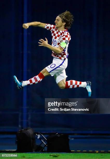 Luka Modric of Croatia celebrates scoring a goal during the FIFA 2018 World Cup Qualifier Play-Off: First Leg between Croatia and Greece at Stadion...