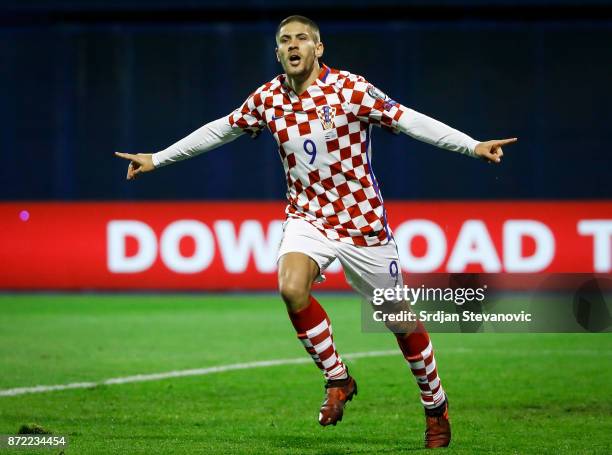Andrej Kramaric of Croatia celebrates scoring a goal during the FIFA 2018 World Cup Qualifier Play-Off: First Leg between Croatia and Greece at...