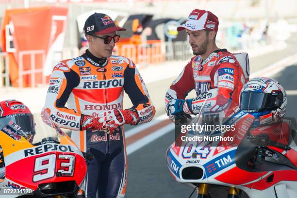 Marc Marquez and Andrea Dovizioso pose before the last race of the championship of MotoGP, at the Gran Premio Motul de la Comunitat Valenciana,...