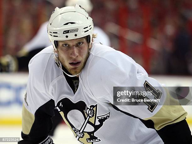 Jordan Staal waits for a faceoff against the Washington Capitals during Game Seven of the Eastern Conference Semifinal Round of the 2009 Stanley Cup...