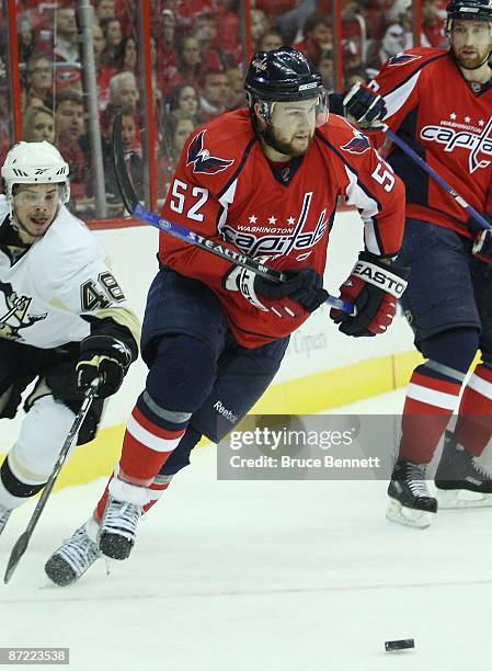 Mike Green of the Washington Capitals skates against the Pittsburgh Penguins during Game Seven of the Eastern Conference Semifinal Round of the 2009...