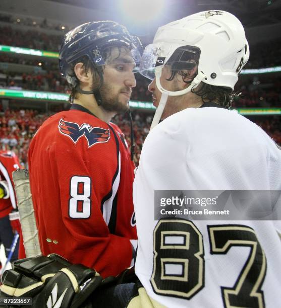 Alex Ovechkin of the Washington Capitals and Sidney Crosby of the Pittsburgh Penguins shake hands after Pittsburgh's 6-2 victory in Game Seven of the...