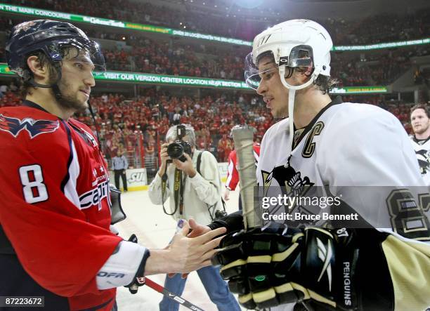 Alex Ovechkin of the Washington Capitals and Sidney Crosby of the Pittsburgh Penguins shake hands after Pittsburgh's 6-2 victory in Game Seven of the...