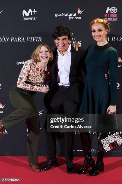 Spanish actors Laia Manzanares, Oscar Casas and Cristina Castano attend 'Una Razon Para Vivir' premiere at the Callao cinema on November 9, 2017 in...