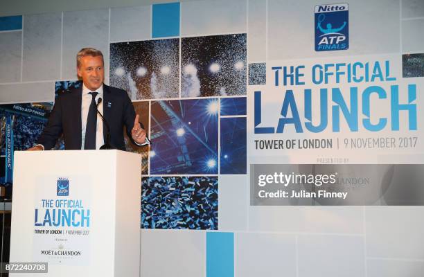 Chris Kermode, Executive Chairman and President of the ATP speaks during the The Official Launch ATP Finals at Tower of London on November 9, 2017 in...