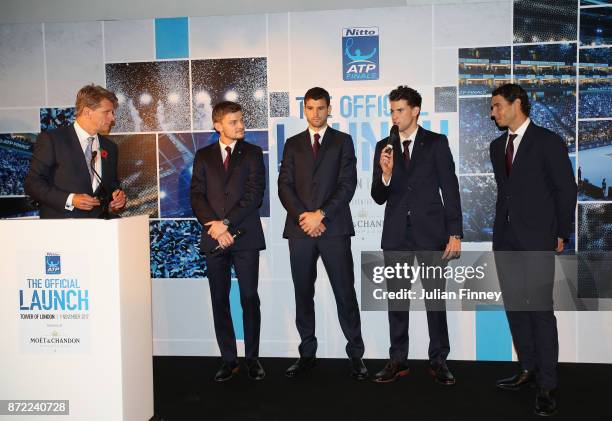 David Goffin of Belgium, Grigor Dimitrov of Bulgaria, Dominic Thiem of Austria and Rafael Nadal of Spain talk with Andrew Castle during the The...