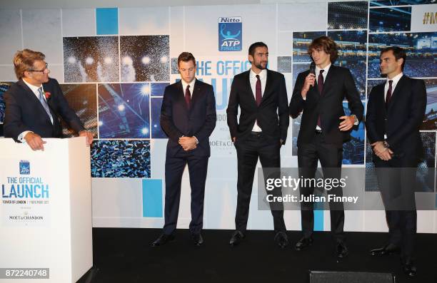 Jack Sock of USA, Marin Cilic of Croatia, Alexander Zverev of Germany and Roger Federer of Switzerland speak with Andrew Castle during the The...