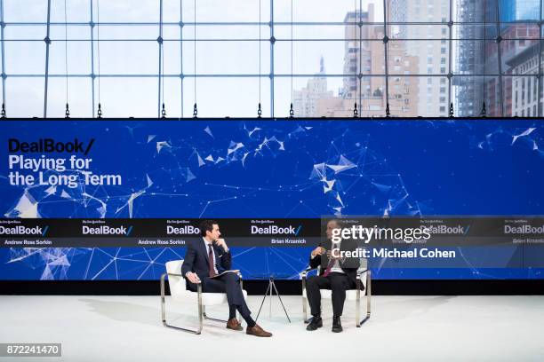 Andrew Ross Sorkin and Brian Krzanich speak onstage at The New York Times 2017 DealBook Conference at Jazz at Lincoln Center on November 9, 2017 in...