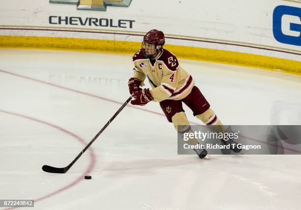Michael Kim of the Boston College Eagles skates against the Connecticut Huskies during NCAA hockey at Kelley Rink on November 7, 2017 in Chestnut...