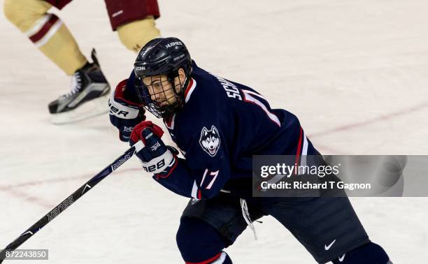 Jesse Schwartz of the Connecticut Huskies skates against the Boston College Eagles during NCAA hockey at Kelley Rink on November 7, 2017 in Chestnut...