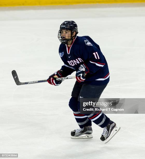 Corey Ronan of the Connecticut Huskies skates against the Boston College Eagles during NCAA hockey at Kelley Rink on November 7, 2017 in Chestnut...