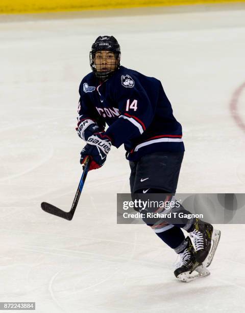 Zac Robbins of the Connecticut Huskies skates against the Boston College Eagles during NCAA hockey at Kelley Rink on November 7, 2017 in Chestnut...