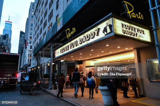 An exterior view of The Paris Theatre with a marquee advertising the Louis C.K. Movie "I Love You, Daddy" on November 9, 2017 in New York City. The...