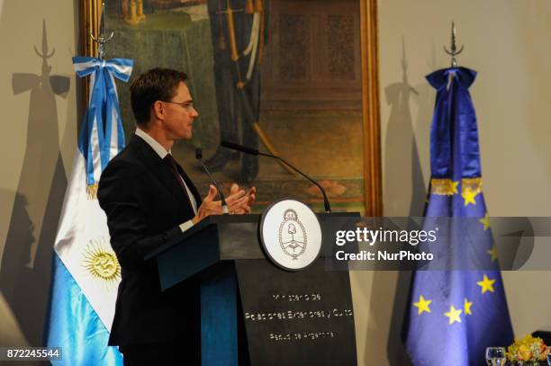 Jyrki Katainen, Vice President of the European Community during a press conference on an official visit on November 9, 2017 in Buenos Aires,...