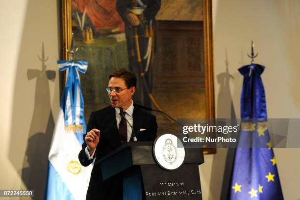 Jyrki Katainen, Vice President of the European Community during a press conference on an official visit on November 9, 2017 in Buenos Aires,...