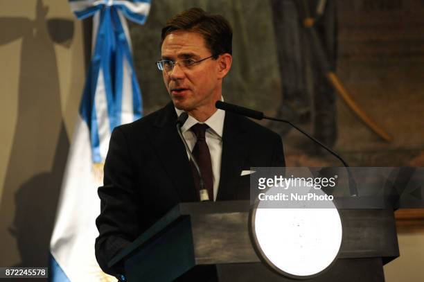 Jyrki Katainen, Vice President of the European Community during a press conference on an official visit on November 9, 2017 in Buenos Aires,...