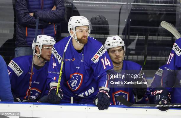 Captain Stephane Da Costa of France react with teammates during the EIHF Ice Hockey Four Nations tournament match between France and Slovenia at...