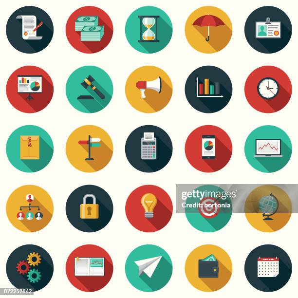 illustrations, cliparts, dessins animés et icônes de design plat business icon set avec côté ombre - longue ombre ombre