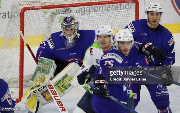 Ronan Quemener of France in action with Olivier Dame Malka during the EIHF Ice Hockey Four Nations tournament match between France and Slovenia at...