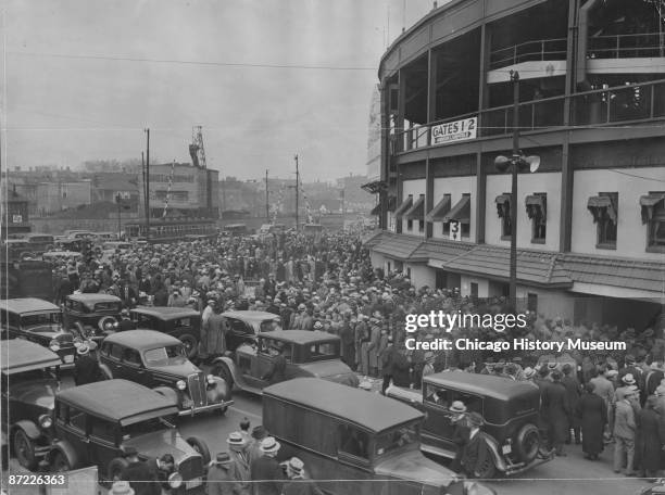 View of the crowd at Wrigley Field seeking tickets for the World Series game between the Chicago Cubs and the Detroit Tigers, Chicago, 1935.