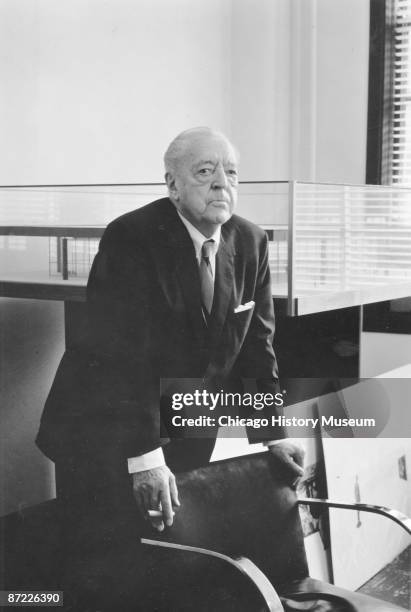 Portrait of noted architect Ludwig Mies van der Rohe in his office, Chicago, 1955.