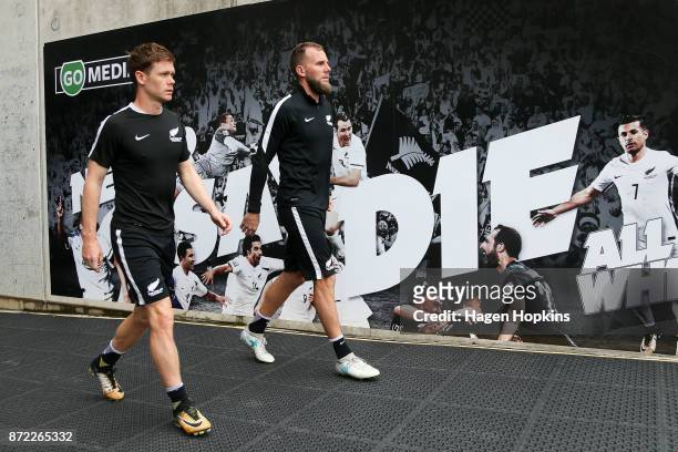 Michael McGlinchey and Jeremy Brockie walk through the players tunnel during a New Zealand All Whites training session at Westpac Stadium on November...