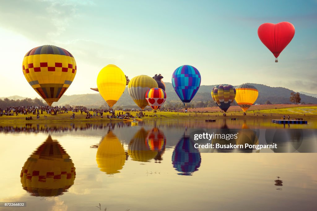 Balloon festival, landscape view and sunset.