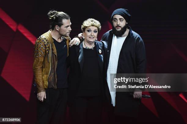 Enrico Nigiotti, Mara Maionchi and Andrea Radice attend X Factor 11 tv show on November 9, 2017 in Milan, Italy.