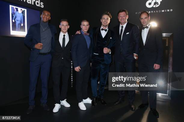 Diego Demme, Bernardo Fernandes da Silva Junior, Simon Lohmeyer, Federico Palacios, Oliver Mintzlaff and Ralph Hasenhuettl pose at the AlphaTauri...