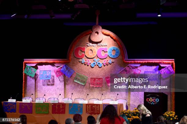 View of the atmosphere at the Global Press Conference for Disney-Pixar's "Coco" at The Beverly Hilton Hotel on November 9, 2017 in Beverly Hills,...