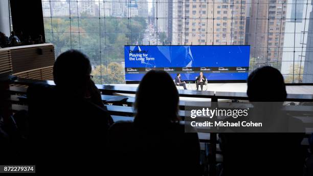 Andrew Ross Sorkin and Brian Krzanich speak onstage at The New York Times 2017 DealBook Conference at Jazz at Lincoln Center on November 9, 2017 in...