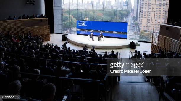 Andrew Ross Sorkin and Brian Krzanich speak onstage at The New York Times 2017 DealBook Conference at Jazz at Lincoln Center on November 9, 2017 in...