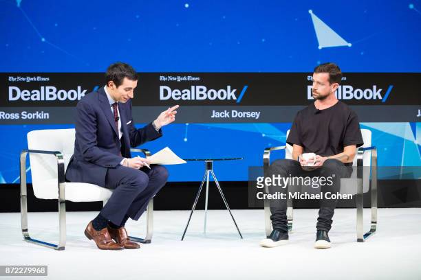 Andrew Ross Sorkin and Jack Dorsey speak onstage during The New York Times 2017 DealBook Conference at Jazz at Lincoln Center on November 9, 2017 in...