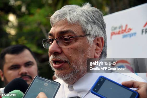 Former Paraguayan president Fernando Lugo speaks at the Frente Guazau opposition party offices during the launch of his election campaign in Asuncion...