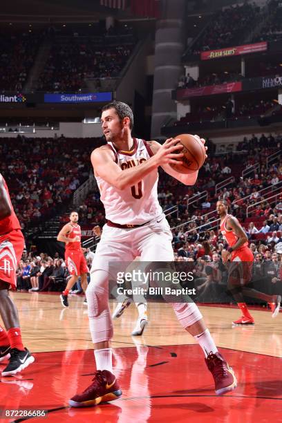 Kevin Love of the Cleveland Cavaliers grabs the rebound against the Houston Rockets on NOVEMBER 9, 2017 at the Toyota Center in Houston, Texas. NOTE...