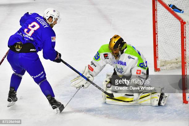 Damien Fleury of France puts his side 1-0 ahead during the EIHF Ice Hockey Four Nations tournament match between France and Slovenia on November 9,...