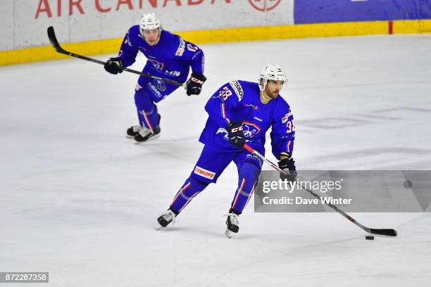 Thomas Roussel of France and Valentin Claireaux of France during the EIHF Ice Hockey Four Nations tournament match between France and Slovenia on...